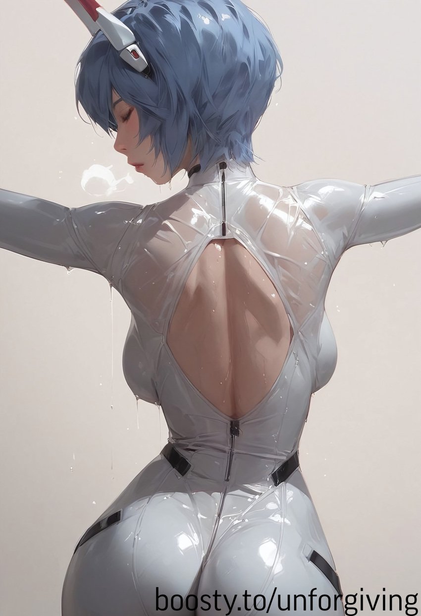 ai_generated ass ass_focus ayanami_rei blue_hair bodysuit neon_genesis_evangelion short_hair sweat taut_clothes unforgiving wet wet_body wet_clothing wet_skin