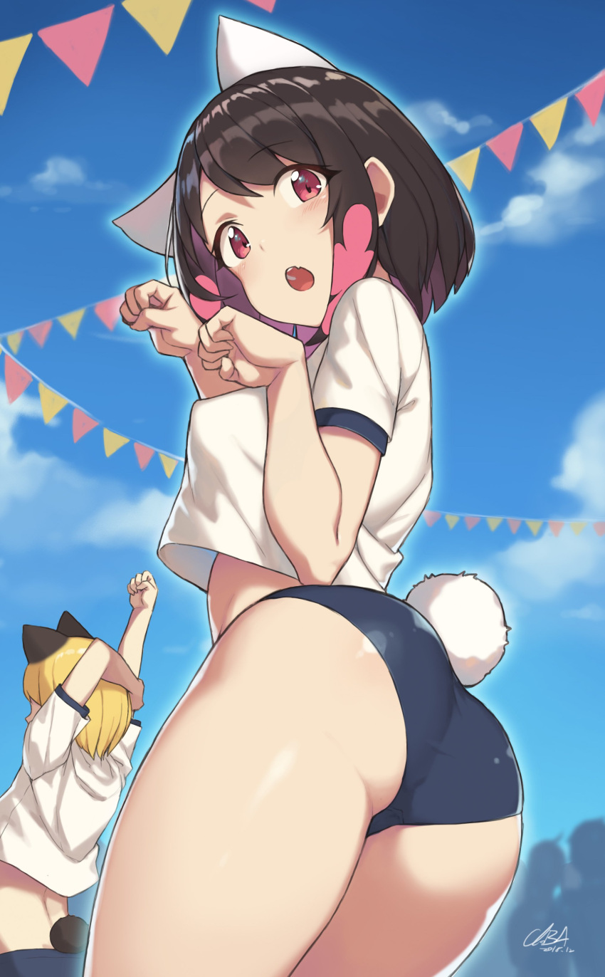 2girls :o absurdres animal_ears animal_tail arms_up ass bad_id bad_twitter_id black_hair blonde blonde_girl_(cloba) blonde_hair blue_shorts blue_sky blush booty_shorts breasts bunny_tail buruma cat_pose character_in_background cloba clothed clothed_female clothes clothing cloud clouds cowboy_shot crop_top crowd day daytime duo eyebrows_visible_through_hair female female_only from_below gym_uniform highres light-skinned light-skinned_female light_skin medium_breasts multicolored_hair multiple_females multiple_girls oerba_yun_fang only_female open_mouth original original_character original_characters outdoors outside paw_pose pink_eyes pink_hair player_2_(cloba) rabbit_tail short_hair short_shorts short_sleeves shorts sky small_breasts sports_uniform stretch stretching tail thick_thighs thighs tight_shorts two-tone_hair white_tail yellow_hair