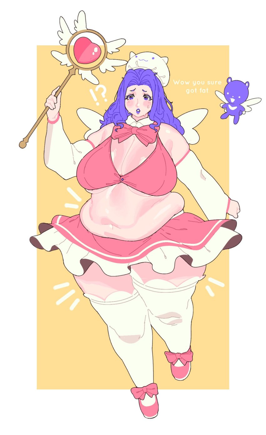 1girls bbw blue_hair blush breasts chubby cleavage curvy hat holding_object holding_staff holding_wand kafekafei long_hair love_handles magical_girl mature_female miniskirt overweight puffy_sleeves skirt solo staff sweat text thighhighs underboob wand wings