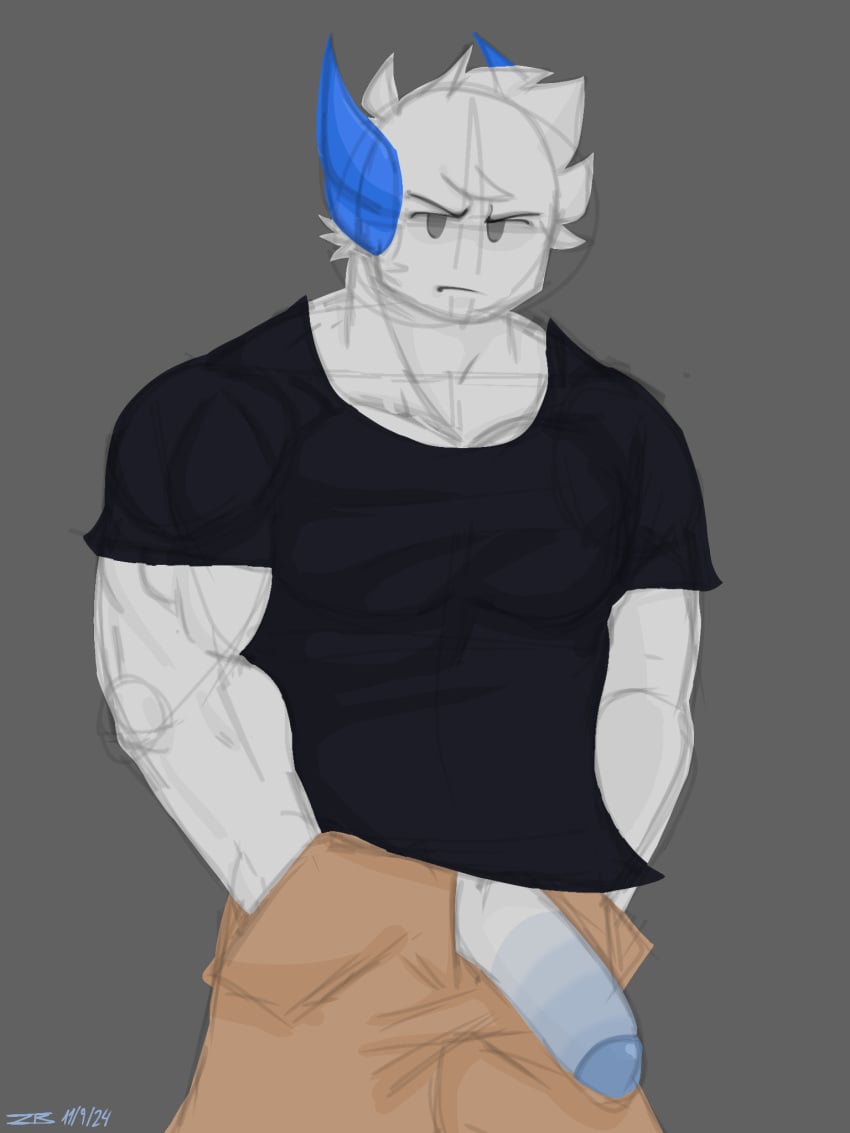 1boy 3:4 blue_horns fully_clothed grey_background looking_at_viewer male muscular muscular_male penis phighting roblox robloxian white_skin zuka_(phighting)