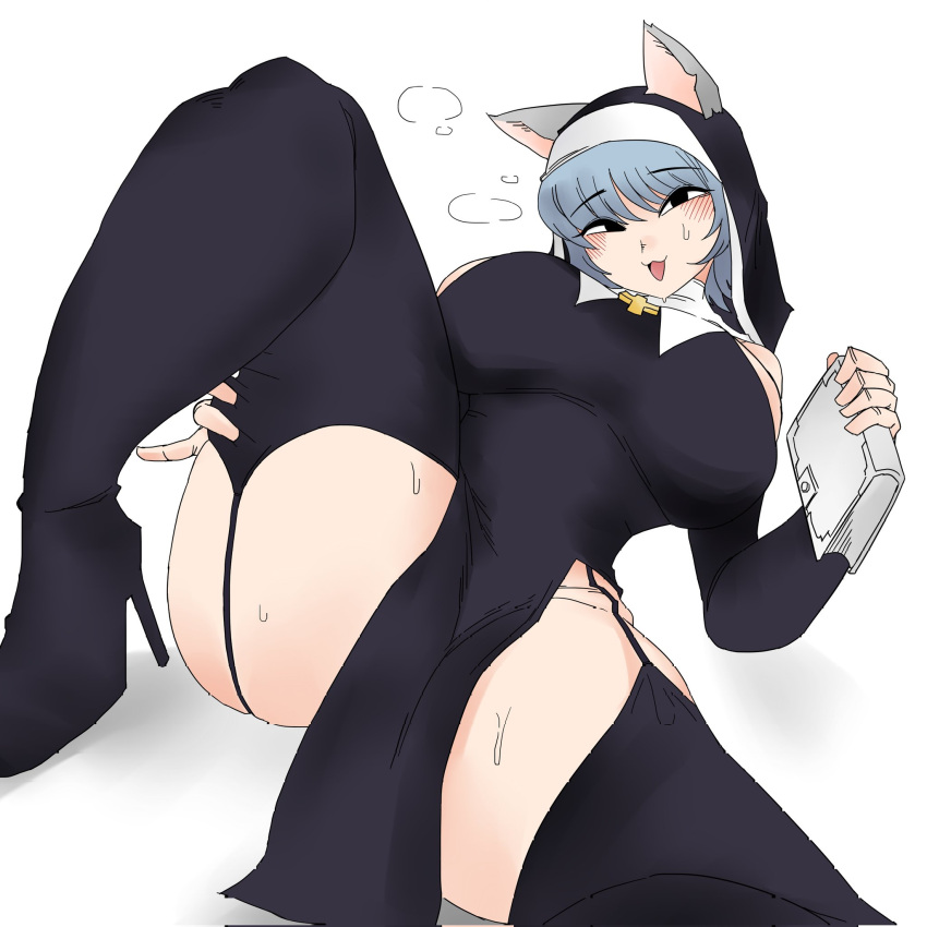 1girls 2021 animal_ears bamman big_breasts book breasts cat_ears female female_focus female_only garter_belt garter_straps heel_boots heels huge_breasts large_breasts light-skinned_female light_skin looking_at_viewer nun seductive simple_background solo thick_thighs thighs white_background