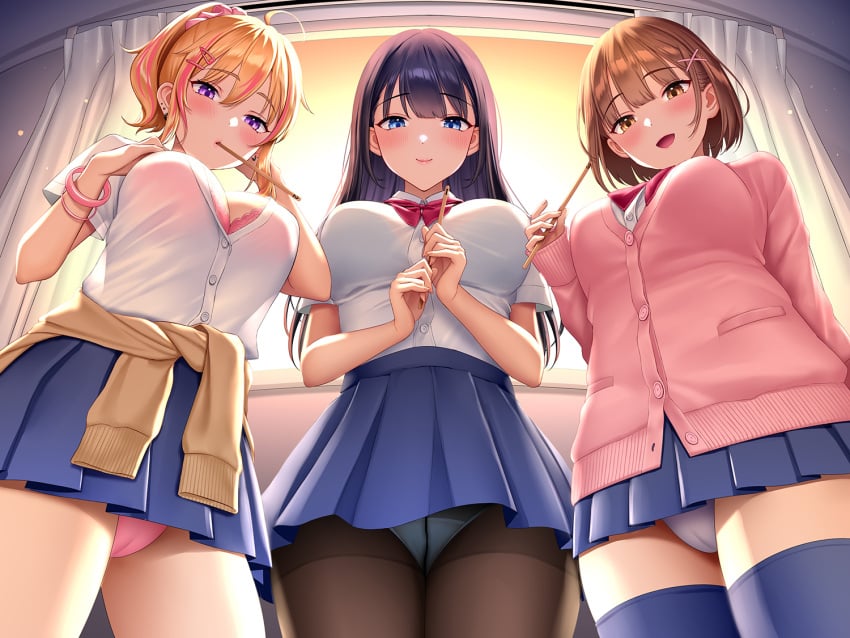 3girls big_breasts black_hair blonde_hair blue_eyes bowtie brown_eyes brown_hair female female_only hairclip indoors large_breasts looking_at_viewer miniskirt multiple_girls original original_character panties pantyhose purple_eyes re:shimashima school_uniform schoolgirl skirt sweater thick thighhighs voluptuous