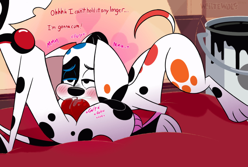 101_dalmatian_street 101_dalmatians animal_genitalia animal_penis black_body black_fur blue_spots blush bodily_fluids brother brother_and_sister canid canine canine_penis canis canvas collar cum cum_in_mouth cum_inside d.j._(101_dalmatians) da_vinci_(101_dalmatians) dalmatian disney domestic_dog duo english_text erection faceless_male female female_penetrated feral fur genital_fluids genitals hand_on_head headphones heart hi_res incest knot male male/female mammal open_mouth oral orange_spots paint_can penetration penis red_spots saliva sibling sister spots spotted_body text thick_thighs white_body white_fur whitewolf20xx young