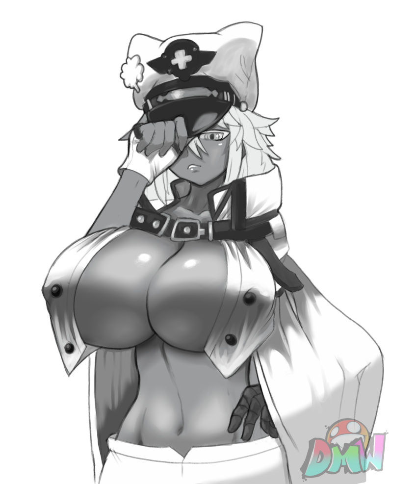 1girls 2021 alternate_breast_size big_breasts breasts cleavage dark-skinned_female dark_skin dudemcwhy female female_focus guilty_gear guilty_gear_strive hat huge_breasts large_breasts monochrome one_eye_covered open_clothes open_shirt ramlethal_valentine short_hair solo solo_female solo_focus top_heavy watermark