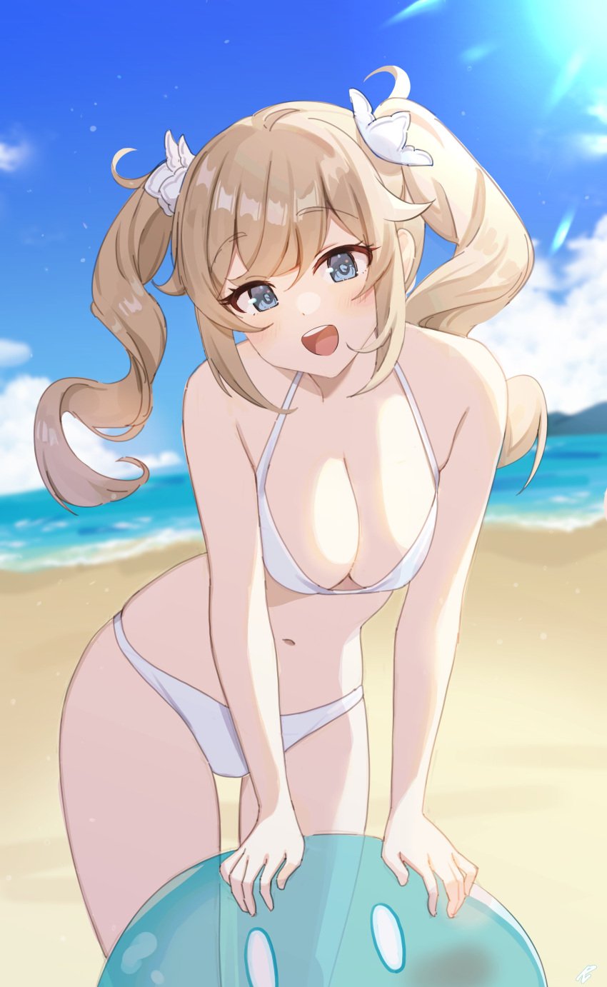 1girls barbara_(genshin_impact) beach big_breasts bikini blonde_hair breasts cleavage cute genshin_impact happy light-skinned_female looking_at_viewer navel open_mouth open_smile pn_(wnsl216) slime slime_(genshin_impact) smile solo swimsuit swimwear twintails