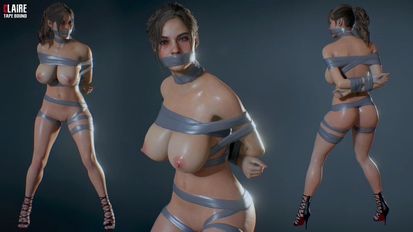 3d 3d_(artwork) arms_behind_back arms_tied arms_tied_behind_back bdsm big_breasts blue_eyes bondage bound bound_arms breasts brown_hair capcom claire_redfield drslumpx female female_only femsub gag gagged heels heels_only high_heels looking_at_viewer looking_away naked_footwear naked_heels nipples nude pussy resident_evil resident_evil_2 resident_evil_2_remake solo solo_female submissive_female tape tape_bondage tape_gag taped_mouth