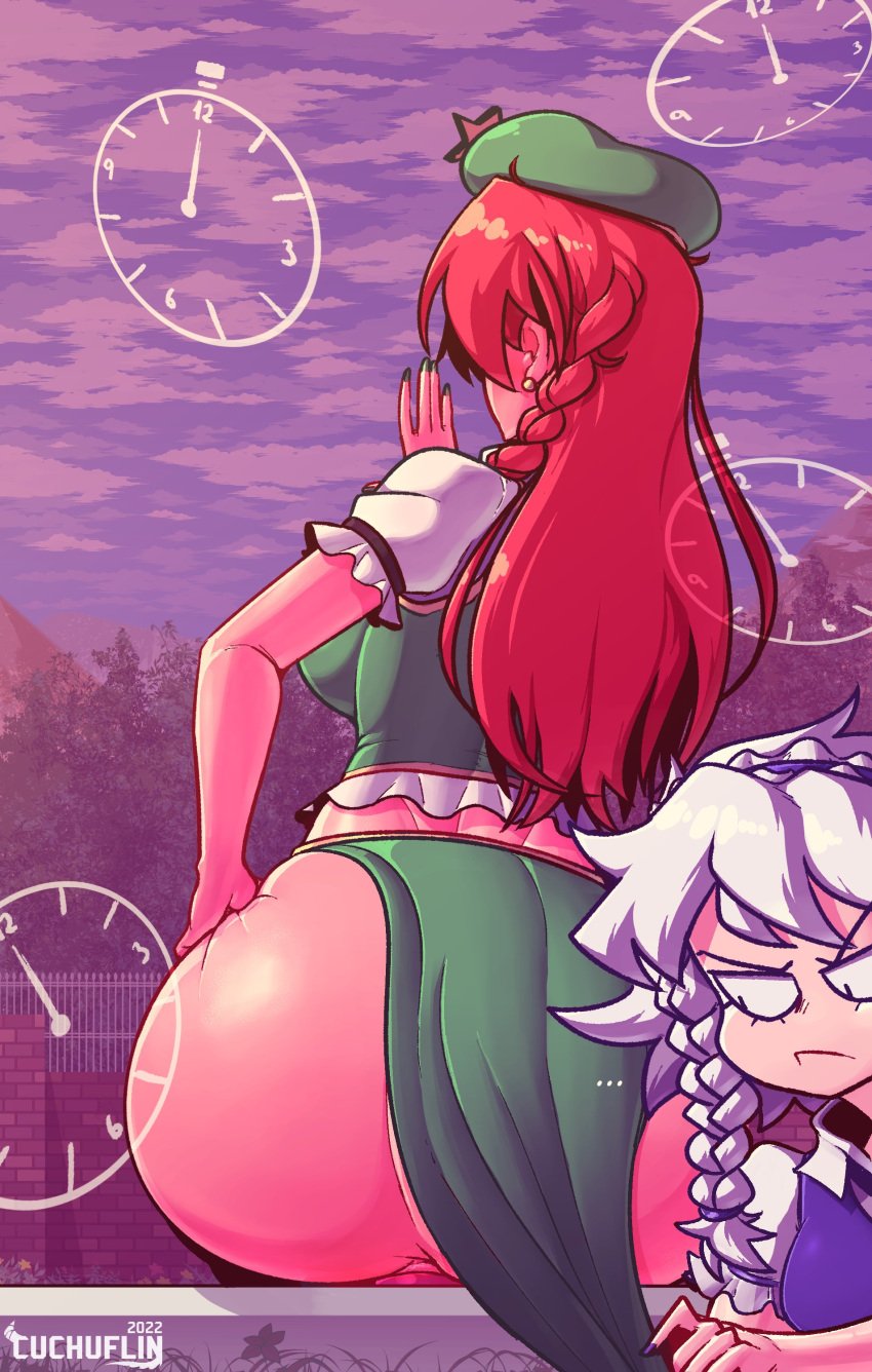 2girls anal ass ass_focus beret bubble_butt buttplug cuchuflin dialogue hong_meiling long_hair red_hair sakuya_izayoi sitting_on_buttplug text time_stop touhou twintails white_hair