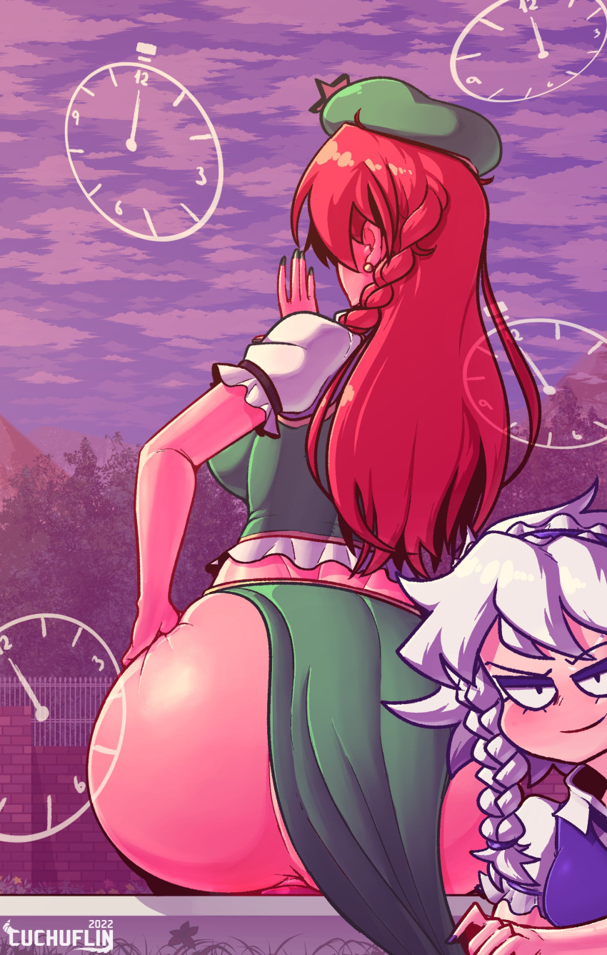 2girls anal ass ass_focus beret big_ass bubble_butt buttplug china_dress chinese_clothes cuchuflin hong_meiling loincloth long_hair red_hair sakuya_izayoi sitting_on_buttplug time_stop touhou twintails white_hair