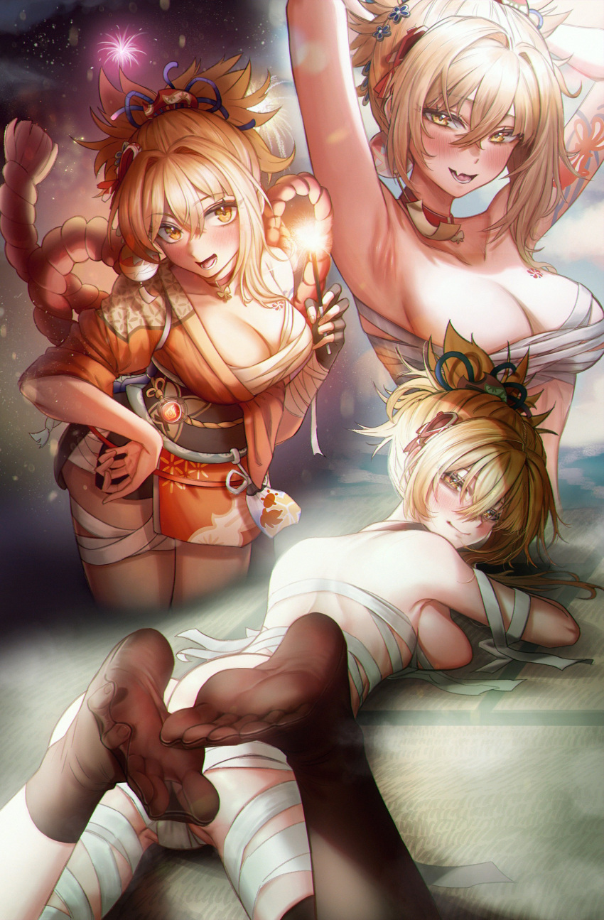 1girls armpits arms_up backboob blonde_hair blush cleavage feet foot_fetish foot_focus genshin_impact grin large_breasts legs_up nompang on_stomach sexy_armpits shimenawa soles solo spread_toes yoimiya_(genshin_impact)