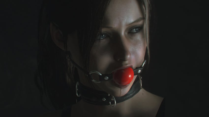 3d 3d_(artwork) ball_gag blue_eyes bondage brown_hair capcom claire_redfield collar drool drooling drslumpx female female_only femsub gag gagged looking_away resident_evil resident_evil_2 resident_evil_2_remake solo solo_female submissive_female