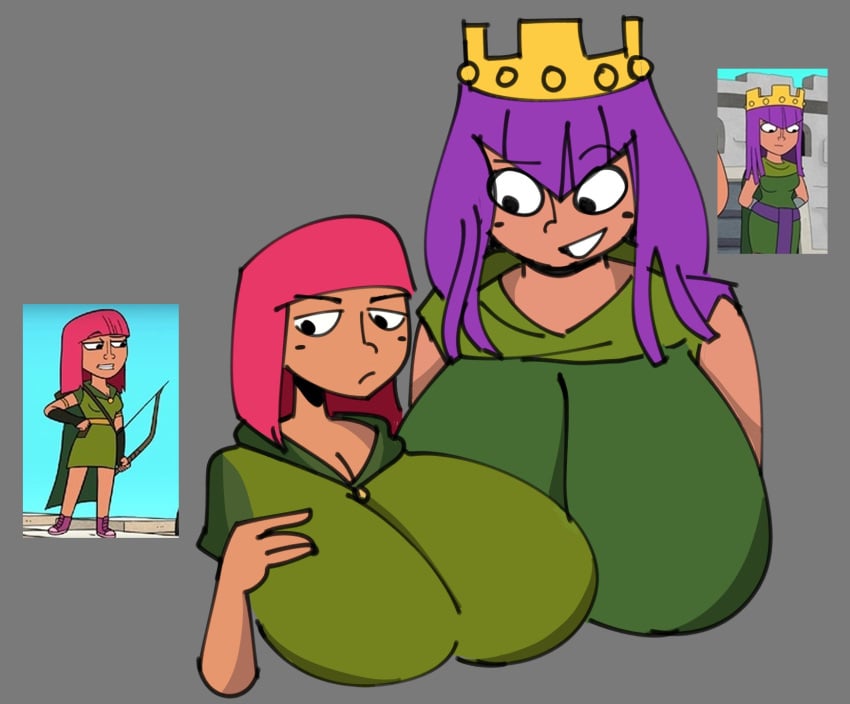 2girls archer archer_(clash_of_clans) archer_queen_(clash_of_clans) breasts breasts_bigger_than_head clash_(series) clash_a_rama clash_of_clans clash_royale clothed clothed_female clothing crown female female_only fully_clothed fully_clothed_female gray_background green_clothes green_clothing huge_breasts large_breasts multiple_girls pink_hair purple_hair seductive_smile supercell thedomely