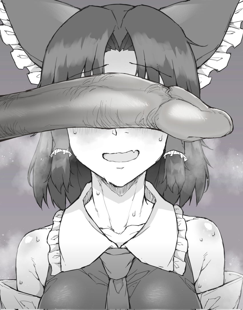 1boy 1girls blush cant_see_the_haters clothed_female_nude_male gypsy__inc huge_cock monochrome penis_on_face reimu_hakurei sweat these_aren't_my_glasses touhou