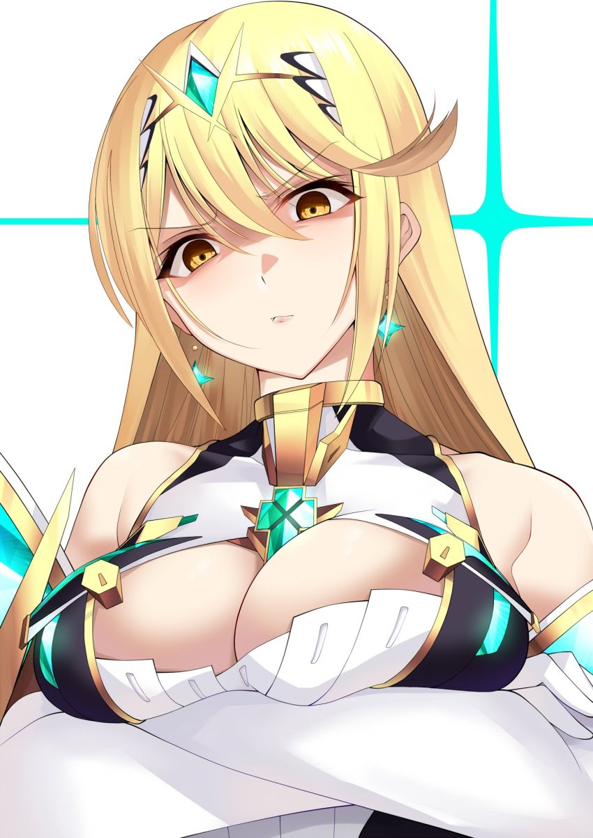 1girls angry angry_face annoyed annoyed_expression arm_under_breasts arms_folded arms_under_breasts bangs bare_shoulders big_breasts blonde_hair breasts chest_jewel cleavage crossed_arms daive earrings elbow_gloves eye_contact female female_focus female_only folded_arms glaring hair_between_eyes hair_ornament jewelry kou45210607 large_breasts light-skinned_female light_skin long_gloves long_hair looking_at_viewer looking_down mythra scowl solo swept_bangs tiara white_dress white_gloves xenoblade_(series) xenoblade_chronicles_2 yellow_eyes