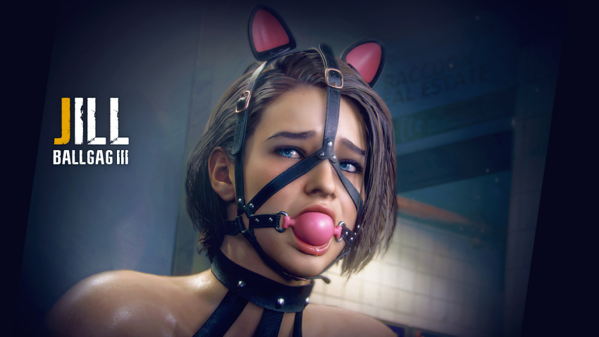 3d 3d_(artwork) animal_ears ball_gag blue_eyes bondage bondage_gear bound bound_arms brown_hair capcom collar drool drooling drslumpx fake_ears female female_only femsub gag gagged harness harness_ball_gag harness_gag jill_valentine jill_valentine_(sasha_zotova) leather looking_at_viewer looking_away pink_ball_gag resident_evil resident_evil_3 resident_evil_3_remake solo solo_female submissive_female