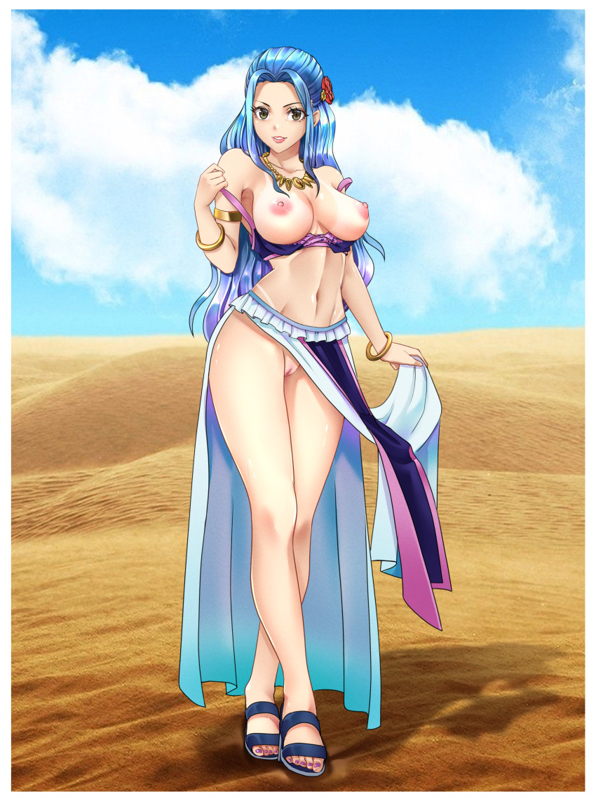 1girls arabasta_saga arabian_clothes areolae armband armlet belly_dancer belly_dancer_outfit big_breasts blue_hair blue_sky bracelet breasts clouds curvaceous curvy dancer_outfit desert dress exposed_breasts exposed_pussy female female_human female_only flower_in_hair harem_girl harem_outfit human kerana_art light-skinned_female long_hair looking_at_viewer midriff navel necklace nefertari_vivi nipples one_piece orange_hair partially_clothed pre-timeskip pussy removing_clothing sand sandals solo tanline thick_thighs