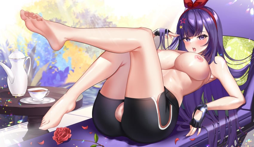 a-soul ass bangs bare_shoulders barefoot bella_(a-soul) black_gloves black_shorts blunt_bangs blur_censor blush bow breasts censored clothes_lift commentary_request crotchless_shorts cup feet female fingerless_gloves flower gloves hair_ornament hairband hairbow hand_in_hair hand_up highres jinpaitugounan large_breasts legs legs_up long_hair looking_at_viewer nipples no_bra no_panties open_mouth petals purple_eyes purple_hair reclining red_bow red_gloves red_hairband rose shiny shiny_skin shirt_lift short_shorts shorts soles solo star_(symbol) star_hair_ornament sweat table tea teacup teapot teeth toenails upper_teeth very_long_hair virtual_youtuber wooden_table