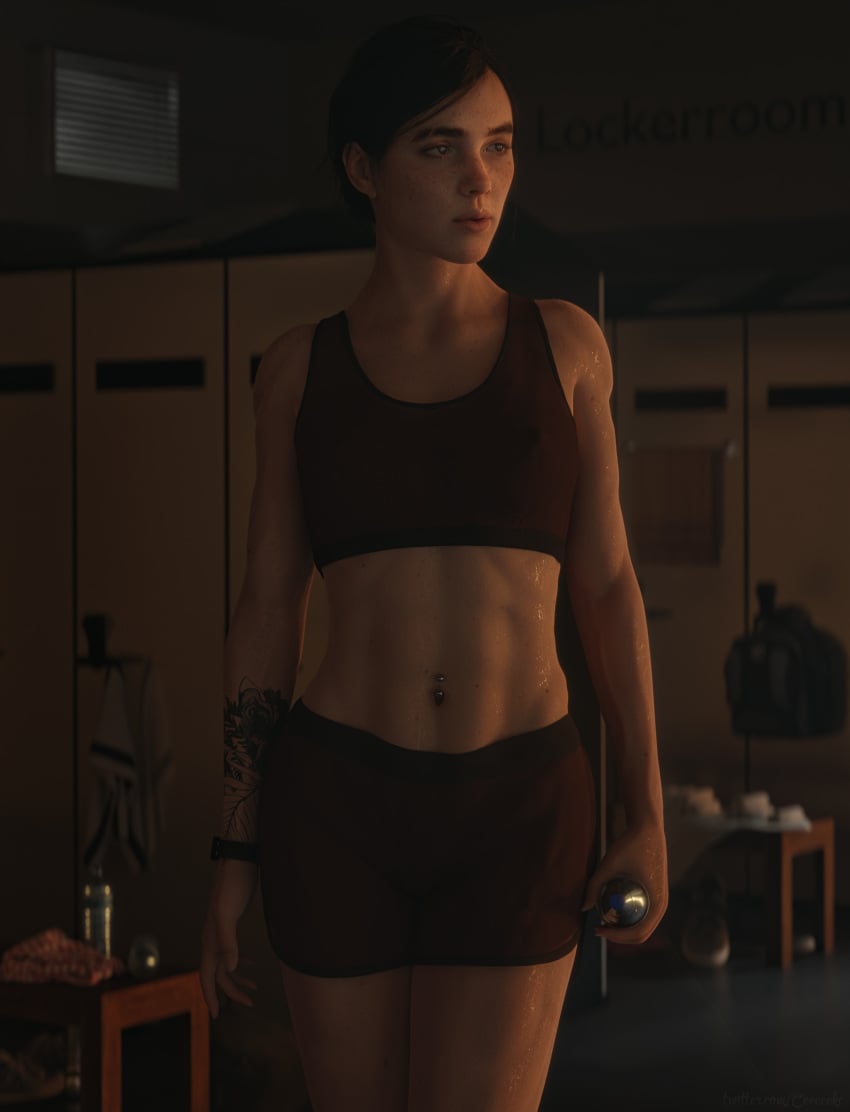 3d 3d_(artwork) athletic athletic_female blender blender_(software) ceeeeekc clothing ellie_(the_last_of_us) ellie_williams female female_only human naughty_dog nipples pale_skin piercing public solo solo_female sportswear the_last_of_us the_last_of_us_2 wet wet_body wet_skin wristwear