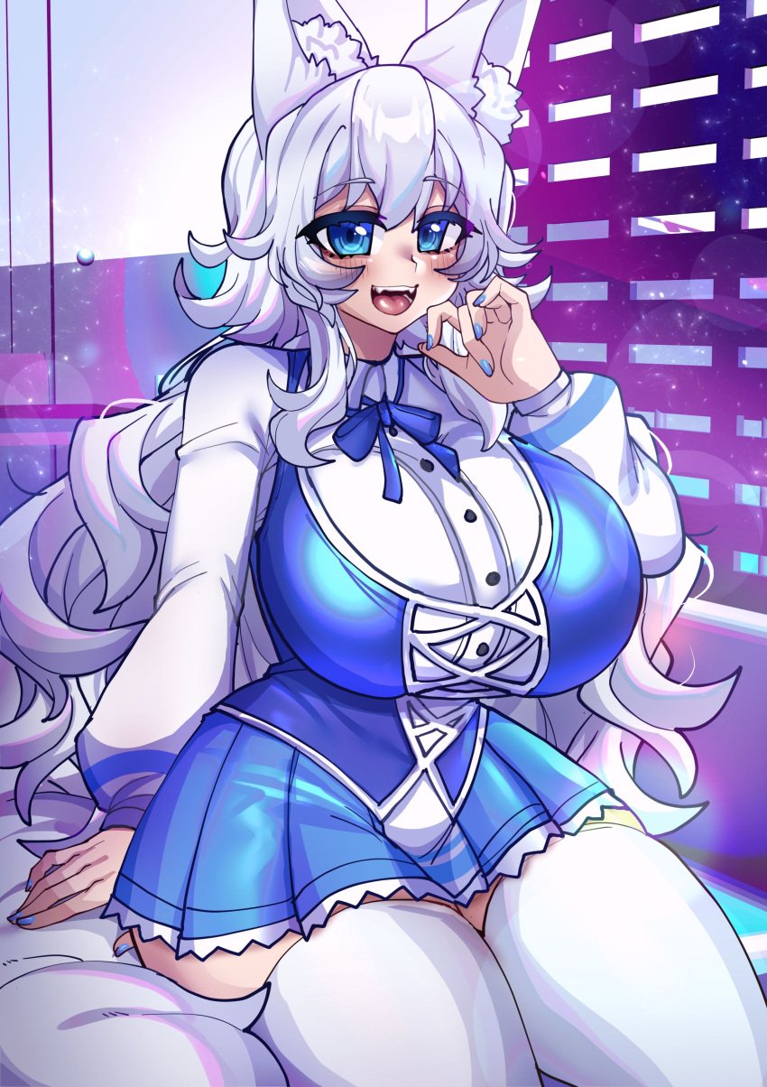 big_breasts blue_eyes breasts huge_breasts indie_virtual_youtuber large_breasts lumi_(merryweather) merryweather osiimi thick_thighs thighhighs virtual_youtuber white_hair wolf_girl