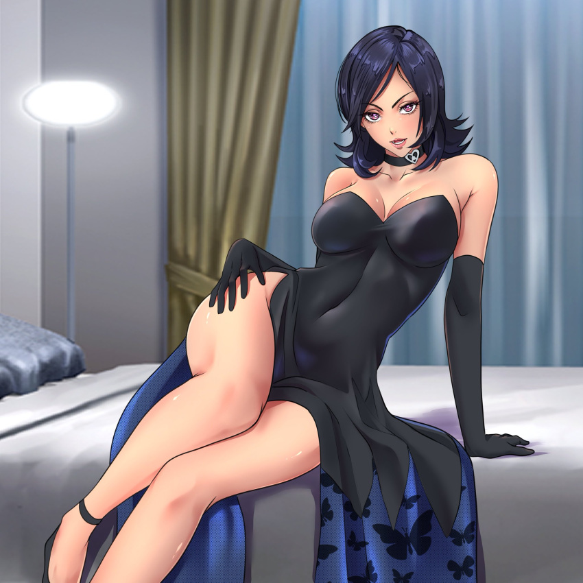 bed black_dress breasts dark_blue_hair female kerana_art light-skinned_female light_skin maya_amano persona persona_2 petite purple_eyes seductive seductive_look shin_megami_tensei short_hair suggestive_look suggestive_pose thighs voluptuous