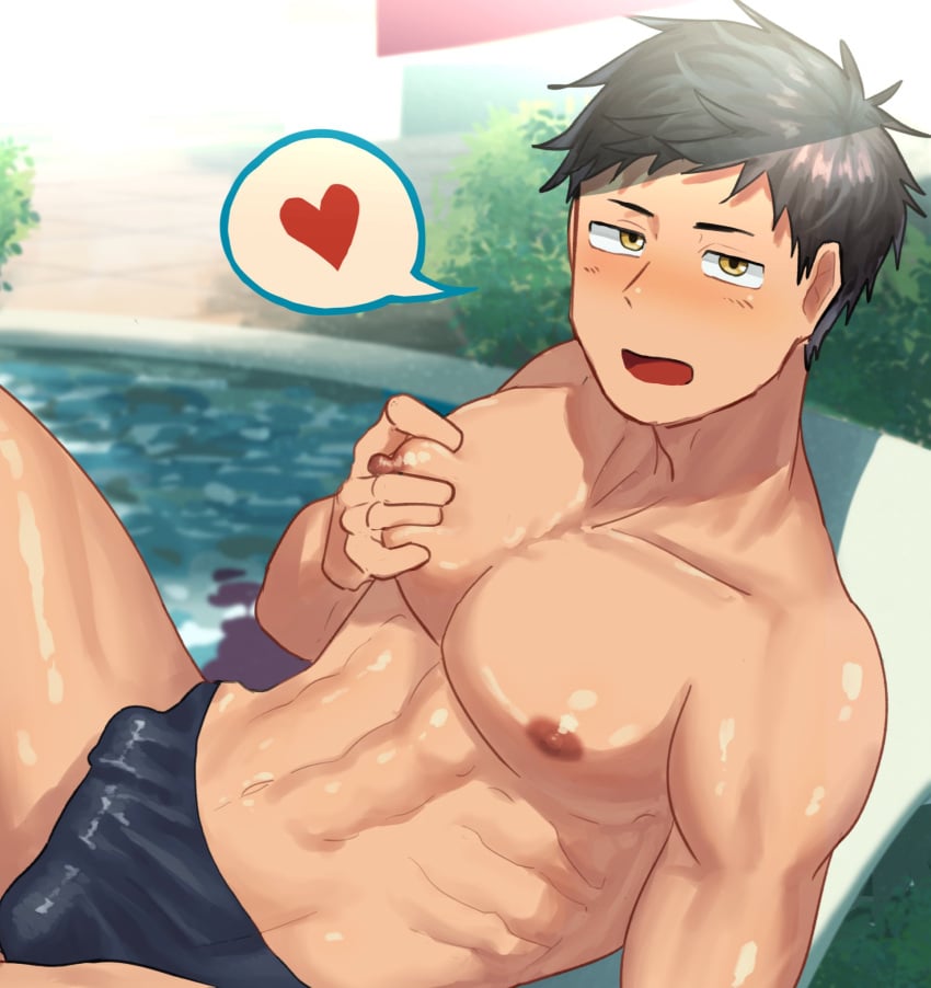 1boy blush erection_under_clothes grabbing_own_pecs horny looking_at_viewer male male_nipples male_only original_character pool pool_chair shiny_skin solo speedo swim_briefs swimwear teasing_viewer toda_to