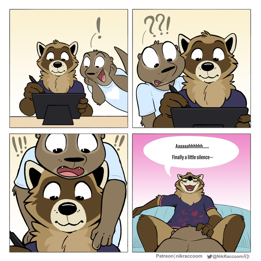 1:1 2021 ? absurd_res anthro anthro_on_anthro biped brown_body brown_fur clothed clothing comic dialogue drawing_tablet duo english_text exclamation_point felix_(nik159) fellatio fur hand_on_head heart heart_clothing hi_res holding_object holding_pen humor low-angle_view lutrine male male/male mammal mustelid nik_(nik159) nikraccoom open_mouth oral pen penile procyonid raccoon sex sitting speech_bubble text topwear