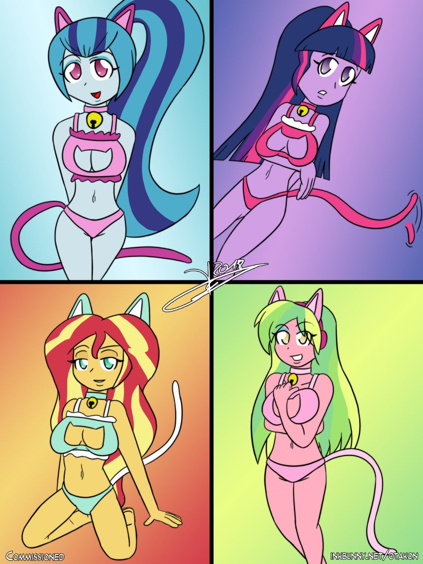 4girls boob_window bra breasts cat_bell cat_ears cat_keyhole_bra cat_keyhole_lingerie cat_lingerie cat_tail cleavage cleavage_cutout collar equestria_girls female inkbunny_username lemon_zest my_little_pony otakon panties sonata_dusk sunset_shimmer twilight_sparkle_(mlp)