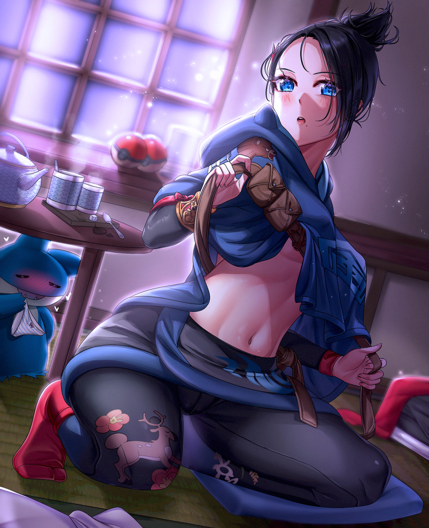 belt belt_removed black_hair blue_eyes blush breasts character_print clothes_lift creatures_(company) cup cupi_chan diamond_clan_outfit english_commentary fangs female game_freak kneeling looking_at_viewer mai_(pokemon_legends) munchlax navel night nintendo panties pokémon_(species) poke_ball poke_ball_(legends) pokemon pokemon_(game) pokemon_legends:_arceus print_legwear shirt_lift stantler stomach striped striped_panties table teacup teapot underboob underwear undressing ursaluna utility_belt window