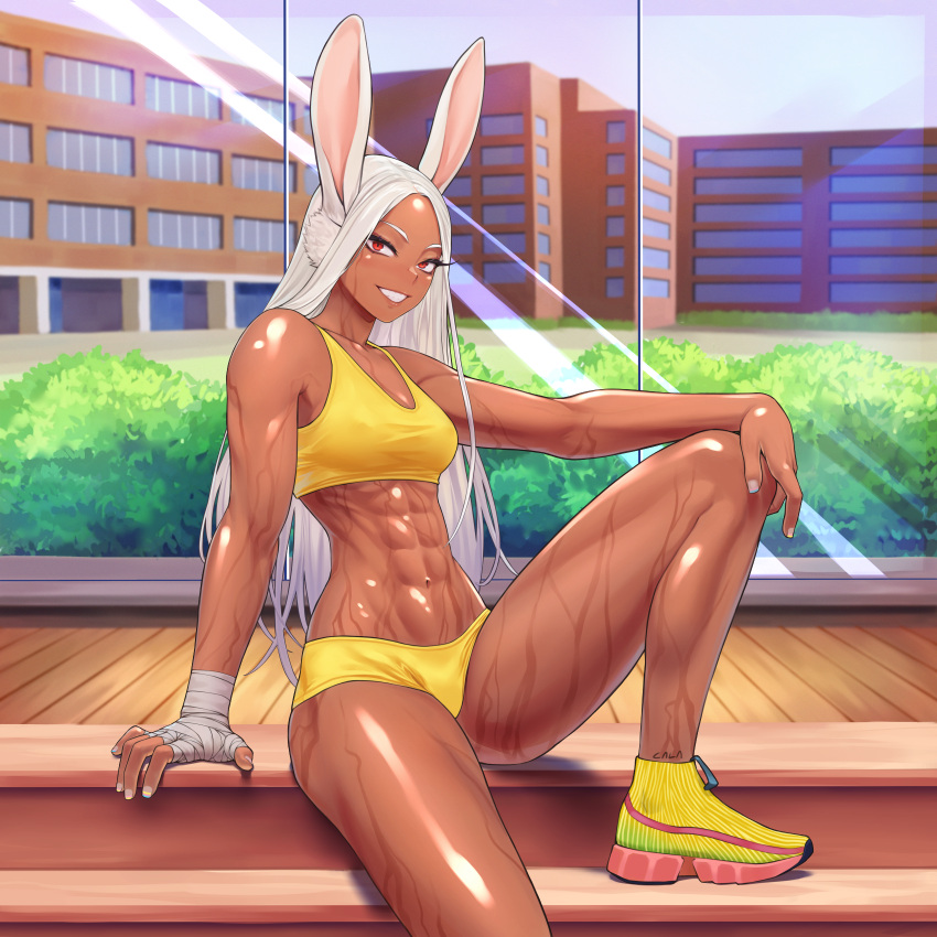 1girls abs athletic_female bunny_ears calad_g dark-skinned_female dark_skin female female_only fully_clothed looking_at_viewer miruko my_hero_academia red_eyes rumi_usagiyama sitting small_breasts solo sports_bra sweaty white_hair workout_clothes