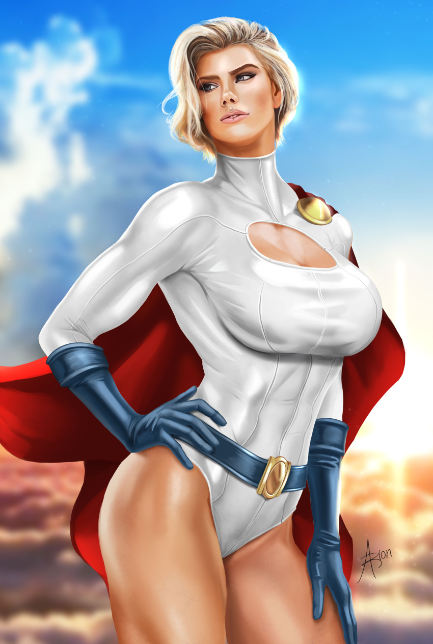 arion69 blonde_female charlotte_mckinney dc dc_comics karen_starr pinup power_girl superheroine white_leotard