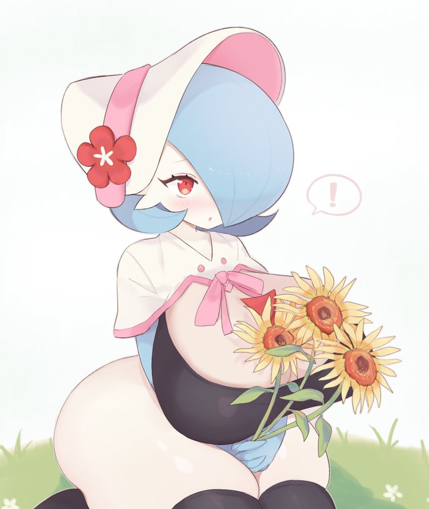 ! 1girls 2022 :o anthro black_leotard blue_hair blush bob_cut bonnet breast_grab breasts capelet clarevoir cleavage covering covering_face dress fashionable_style_gardevoir female female_only flower furry gardevoir hair_over_one_eye hat hat_flower highres holding_flower horn huge_breasts jewelry kneeling large_ass large_breasts leotard looking_at_viewer nintendo on_ground open_mouth outdoors pokémon_(species) pokemon pokemon_(species) pokemon_unite red_eyes red_flower shiny_pokemon short_hair sitting skindentation sky solo speech_bubble spoken_exclamation_mark sunflower thick_thighs thighhighs thighs tongue v_arms wariza white_background white_flower white_skin wholesome wide_hips