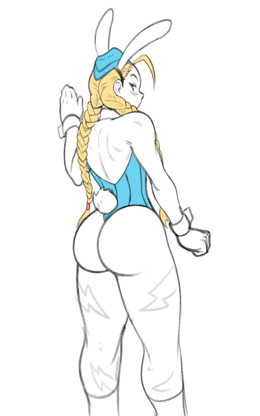 big_ass blonde_hair bodypaint braid braided_hair bubble_butt bunny_tail buttholemagick cammy_white corset draft drawing looking_back military_hat pawg poll_winner service_cap street_fighter