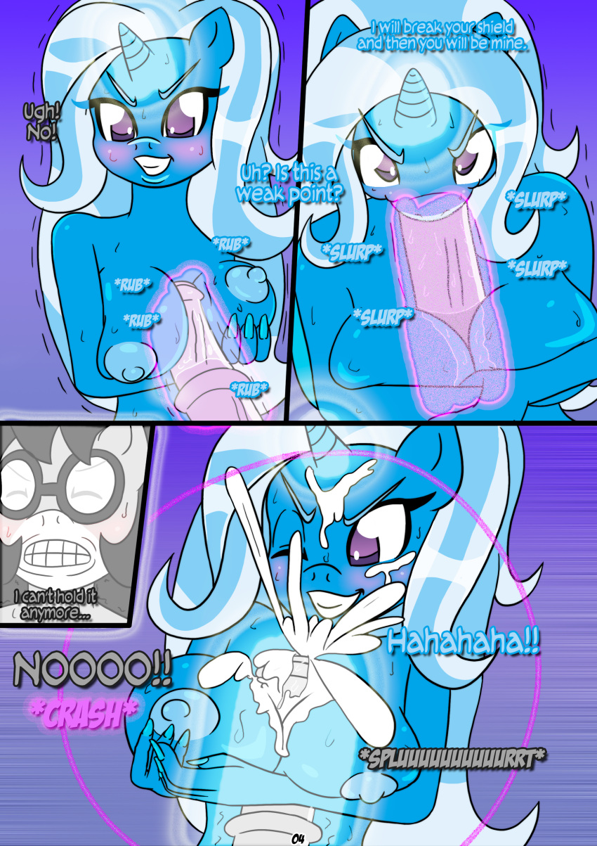 anthro blush boobjob breasts comic cum cum_on_breasts cum_on_face english_text furry horsecock magic my_little_pony nipples original_character otakon page_4 sucking_penis sweat trixie_(mlp)