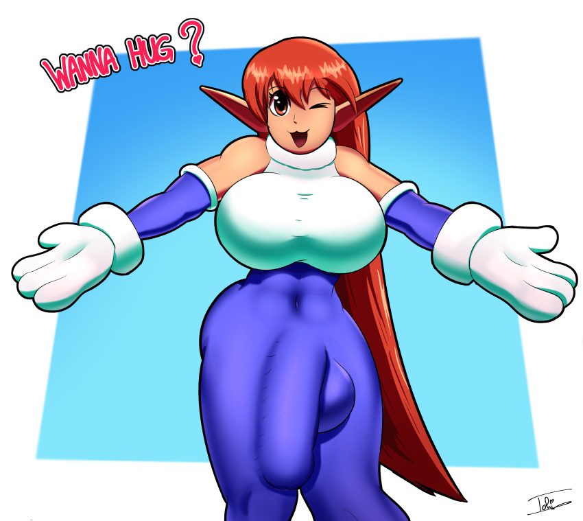 1futa :3 balls big_breasts breasts bulge bulge_through_clothing clothed clothing cute cute_expression cute_face dialogue erection fully_clothed futa_only futanari galaxy_fight gloves hug huge_balls huge_breasts huge_cock huge_testicles humanoid humanoid_penis long_ears looking_at_viewer penis roomi self_upload solo standing text tohilewd