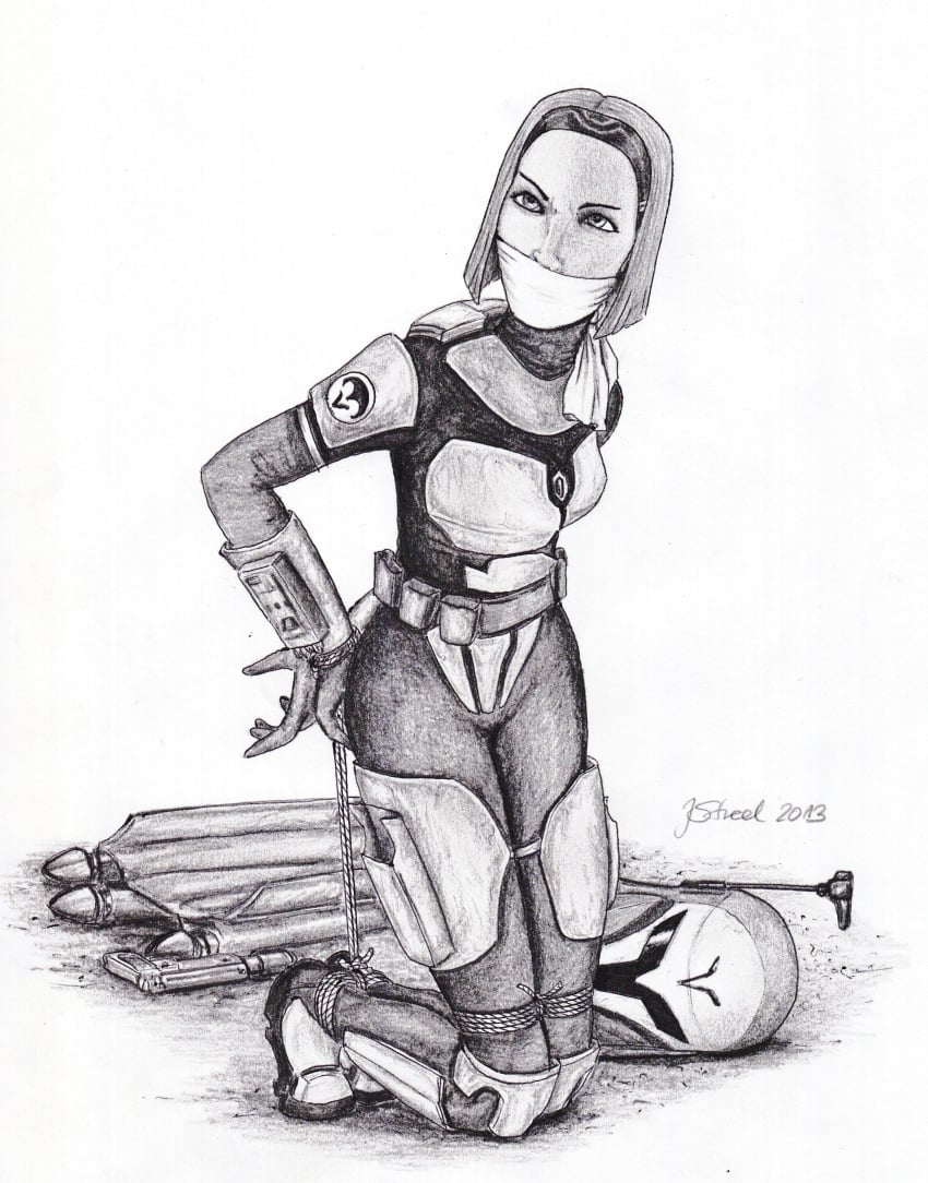 1girls armor arms_behind_back belt black_and_white bo-katan_kryze bodysuit bondage boots bound bound_ankles bound_legs chestplate clone_wars cloth_gag clothed clothed_female clothing eyes female female_only footwear forced fully_clothed gag gagged hair headband headgear helmet_removed hogtie holster human human_only jetpack jstreel knee_pads kneeling long_sleeves looking_away mandalorian mandalorian_armor monochrome on_ground open_eyes plain_background rope rope_bondage shin_guards shoes short_hair short_hair_female side_view sleeves solo star_wars tied_hands tied_up traditional_media_(artwork) vambraces