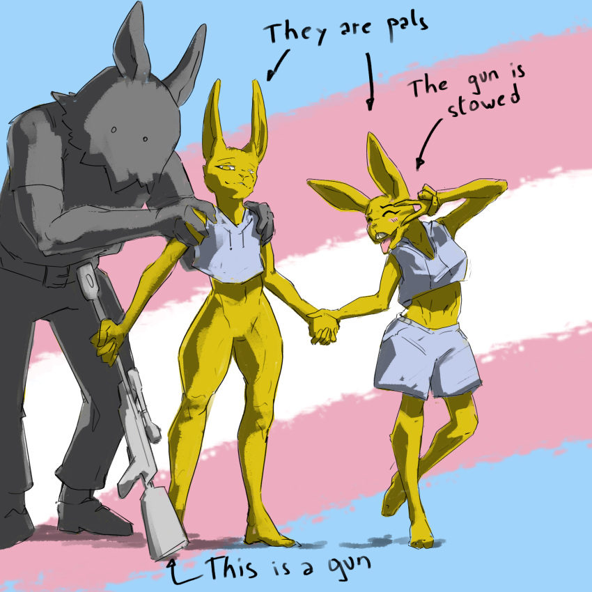 196 ambiguous_gender anthro belt character_request cuntboy friends furry grey_body gun intersex no_genitals no_pants pants r/196 rabbit recognisable_cartoon_character reddit rough shorts spronkus_kronkus straight_hair transgender_pride_colors yellow_body yellow_fur