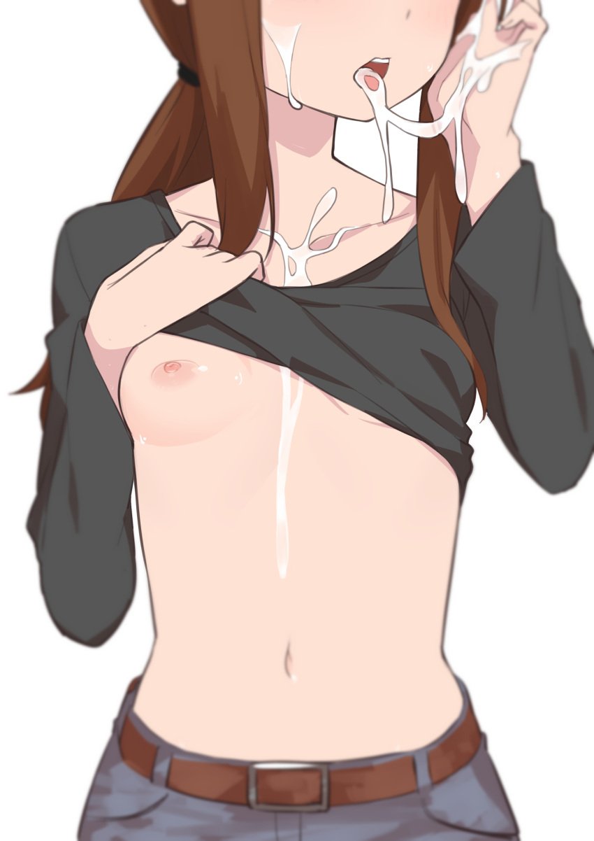 2022 2d after_fellatio areolae belt black_shirt breasts brown_belt brown_hair clothes_lift cowboy_shot cum cum_in_mouth cum_on_body cum_on_chest cum_on_hands cum_on_stomach cum_string female female_only head_out_of_frame highres karakai_jouzu_no_takagi-san light-skinned_female light_skin long_sleeves morisobo navel nipples nsfw pale-skinned_female pale_skin pants pink_nipples shin-ei_animation shirt shirt_lift sidelocks simple_background small_breasts solo takagi-san white_background