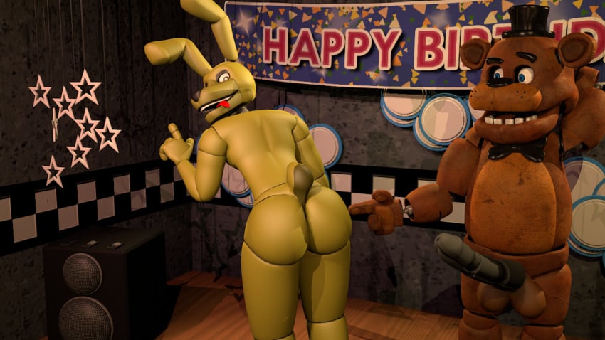 2boys anthro ass cinema4d cinema_4d five_nights_at_freddy's fnaf freddy_(fnaf) furry green_skin grey_penis male_only no_humans rabbit rabbit_ears rabbit_tail robot springtrap springtrap_(fnaf)