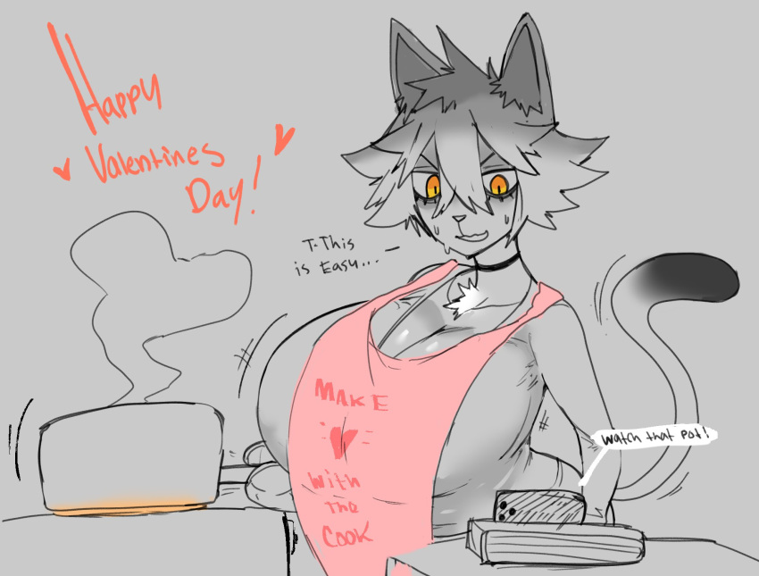 1girls 2022 amber_eyes anthro apron bangs bottomwear breasts cat_ears cat_eyes cat_girl cat_humanoid cat_tail clothed clothing cooking cooking_pot ear feline feline_humanoid female fruitysnacks fully_clothed grey_background heart huge_breasts looking_at_phone lucy_(fruitysnacks) mittens motion_lines nervous nervous_sweat oc original original_character phone pink_apron short_hair sketch solo solo_focus steam sweat tail text text_on_apron text_on_clothing top_heavy topwear valentine's_day watching_video wiggle_lines