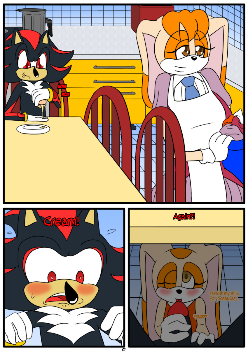 anthro blush bunny_girl comic cream_the_rabbit english_text food furry licking_penis otakon page_1 penis shadow_the_hedgehog sonic_(series) vanilla_the_rabbit