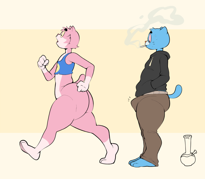 anthro ass big_butt bong bulge cartoon_network cousins domestic_cat drugs duo erection_pushing_underwear eroborus felid feline felis gumball_watterson hi_res male male/male mammal marijuana roz the_amazing_world_of_gumball thick_thighs wide_hips