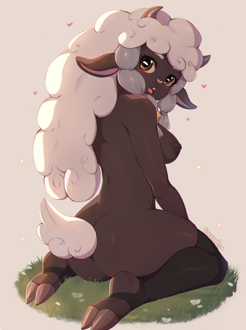 anthro ass blush breasts brown_eyes evomanaphy floating_heart fur furry heart_shaped_nose heelless_footwear looking_at_viewer looking_back nude open_mouth pokémon_(species) pokemon pokemon_(species) pokemon_ss sheep_girl stirrup_socks stirrups toeless_footwear toeless_legwear toeless_socks wooloo