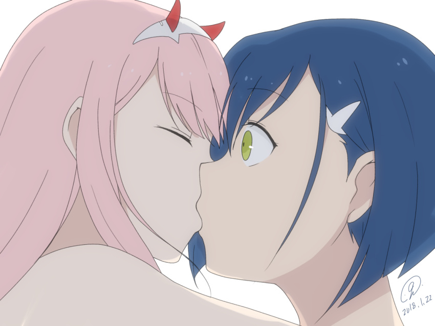 2girls 9rimson darling_in_the_franxx female female_only ichigo_(darling_in_the_franxx) kissing yuri yuri zero_two_(darling_in_the_franxx)