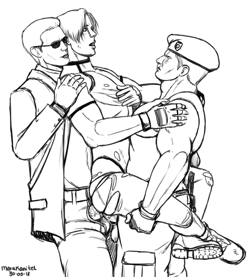 3boys albert_wesker anal anal_sex beret clothed_sex double_penetration gay gay_sex hand_on_shoulder holding_legs jack_krauser legs_around_waist leon_scott_kennedy male male/male/male male_only male_penetrated male_receiving_penetration marukanitel mmm_threesome penetration penis resident_evil sketch source_request sunglasses testicles threesome torn_clothes veiny_penis white_background yaoi zipper_down