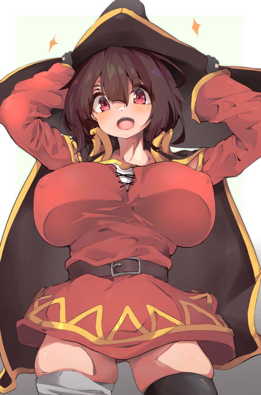 alternate_breast_size brown_hair cape huge_breasts kono_subarashii_sekai_ni_shukufuku_wo! megumin nipple_bulge red_eyes spy_artservice thigh_gap witch_hat