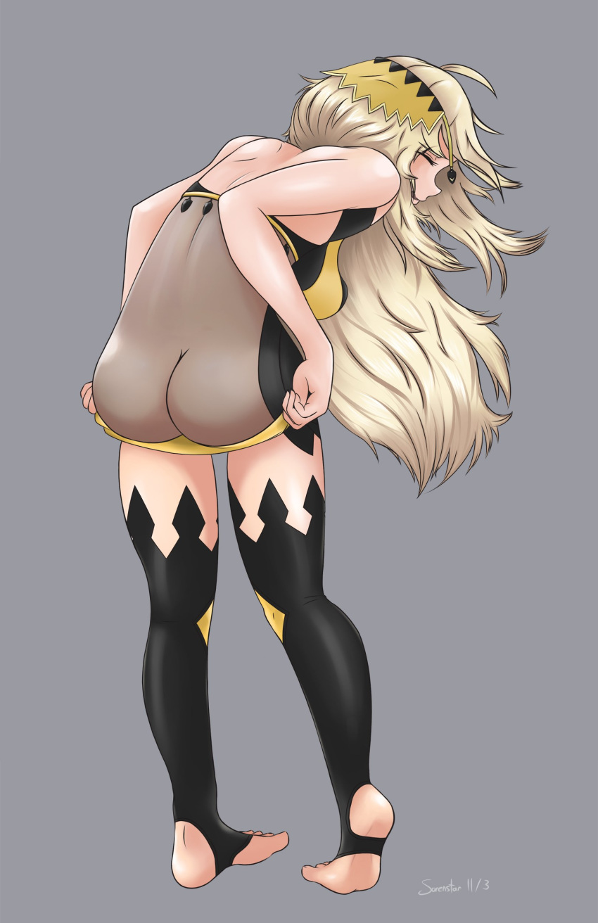 1girls ass back back_view bare_back bare_thighs barefoot big_ass blonde_hair bodystocking breasts clenched_teeth closed_eyes female female_only fire_emblem fire_emblem_fates looking_at_viewer nintendo ophelia_(fire_emblem) panties small_breasts solo sorenstarz thighs undressing yellow_panties