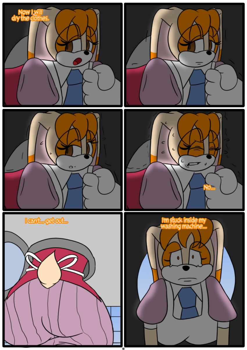 anthro bunny_girl comic english_text furry otakon page_13 sonic_(series) stuck sweat tears vanilla_the_rabbit washing_machine what_are_you_doing,_step_bro?