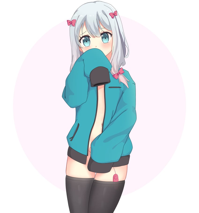 absurdres amrb blush clothed_masturbation covering covering_crotch covering_mouth egg_vibrator embarrassed eromanga_sensei female female_masturbation hiding highres izumi_sagiri looking_at_viewer masturbation midriff midriff_peek navel nervous sex_toy shirt shy stomach thighhighs vibrator vibrator_in_thighhighs