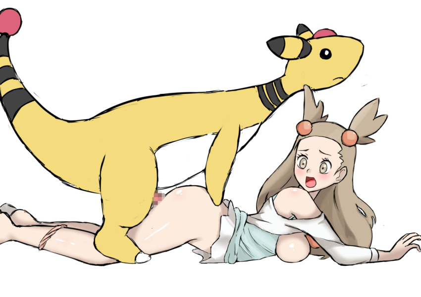 1girls ampharos blush breasts breasts_out brown_eyes brown_hair censored censored_penis clothed clothing doggy_style female female_on_feral feral feral_on_female feral_on_human from_behind from_behind_position game_freak human_on_feral interspecies jasmine_(pokemon) legs_together light-skinned_female light_brown_eyes light_brown_hair light_skin long_hair male male_pokemon/female_human nintendo nivi open_mouth penetration penis pink_panties pokemon pokemon_(game) pokemon_(species) pokephilia rape sex simple_background vaginal_penetration wide_eyed zoophilia