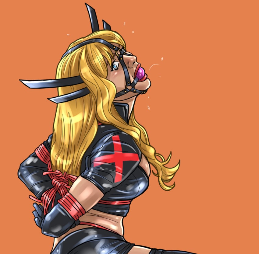 arms_behind_back ball_gag big_breasts bondage frelncer gag gagged illyana_rasputin large_breasts magik_(illyana_rasputin) marvel marvel_comics new_mutants rope_bondage superheroine tied x-men