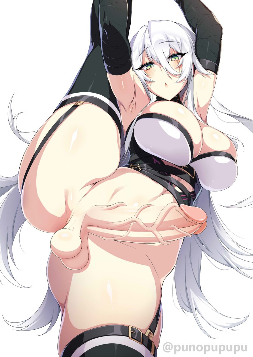 1futa :o aged_up armpits arms_up artist_signature ass balls barely_contained big_breasts big_penis black_thighhighs bottomless breasts cleavage clothed clothing erection facial_scar fate/apocrypha fate/grand_order fate_(series) female flexible futa_only futanari garter_straps green_eyes hi_res huge_breasts human jack_the_ripper_(fate/apocrypha) leg_hold_pose leg_up light-skinned_futanari light_skin littlemedecine long_gloves long_hair modified_costume partially_clothed penis punopupupu scar simple_background skindentation slit_pupils solo splits standing standing_split thick_thighs thighhighs thighs twitter_username veins veiny_penis vertical_splits very_long_hair white_background white_hair zeroshiki_kouichi